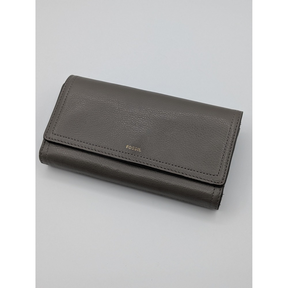 Fossil Logan Leather Clutch Wallet Dark Gray Pebbled Tri-Fold Organizer SL7831